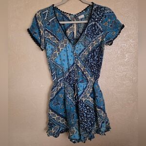 Hollister Blue Patchwork Print Short Sleeve Romper